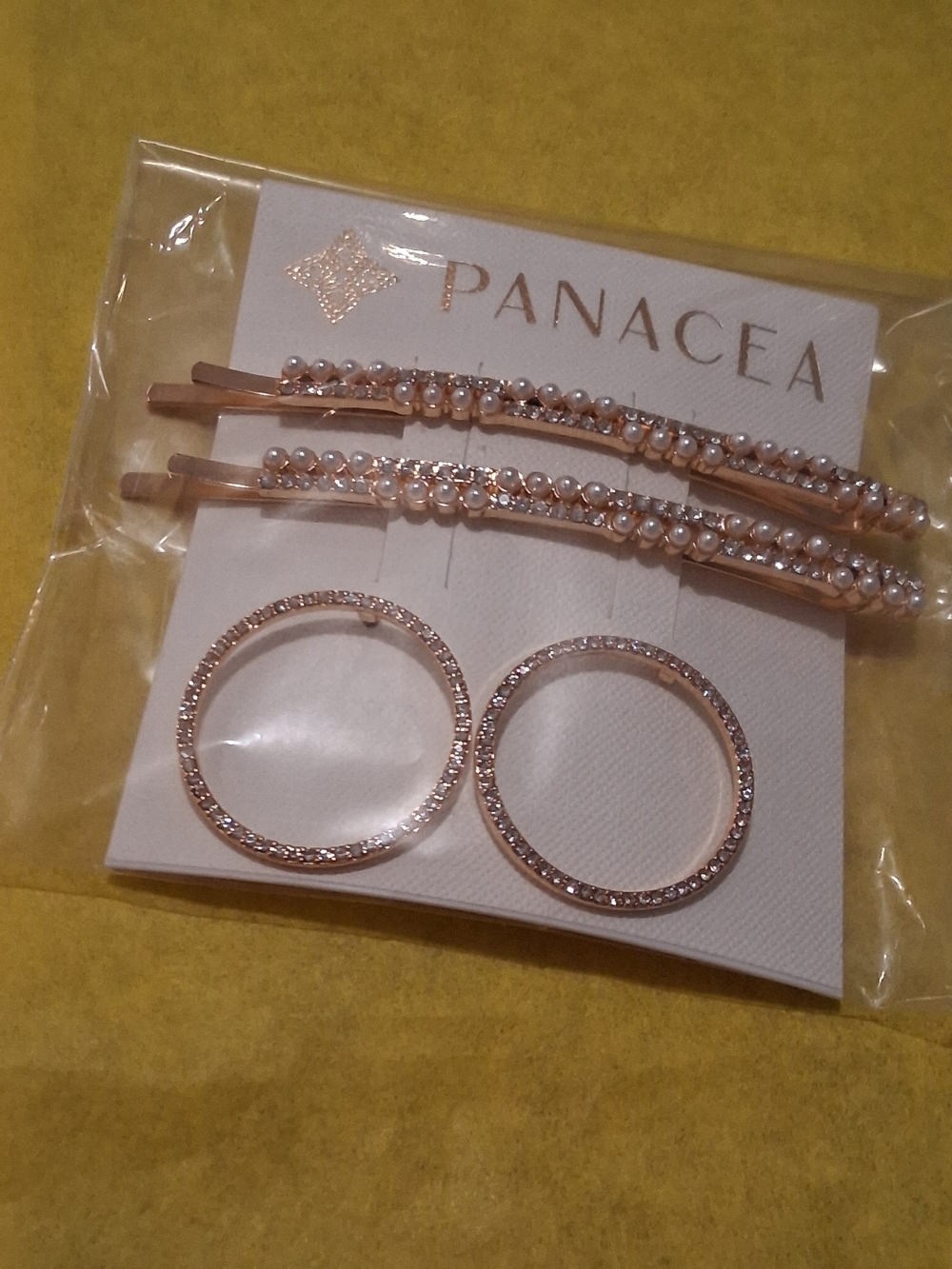 Panacea Cache Rose Gold Pearl Hair Pins and Crystal Hoop Earrings.
